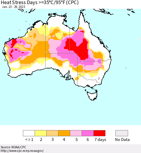 Australia Heat Stress Days >=35°C/95°F (CPC) Thematic Map For 1/23/2023 - 1/29/2023