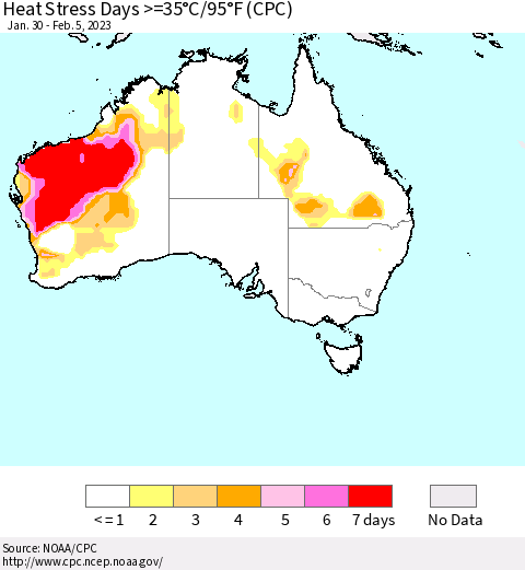 Australia Heat Stress Days >=35°C/95°F (CPC) Thematic Map For 1/30/2023 - 2/5/2023