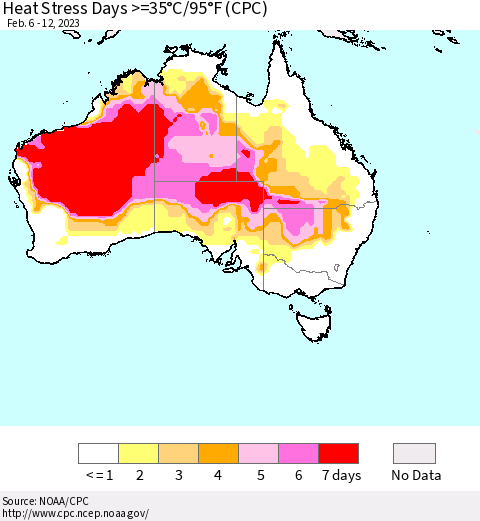 Australia Heat Stress Days >=35°C/95°F (CPC) Thematic Map For 2/6/2023 - 2/12/2023