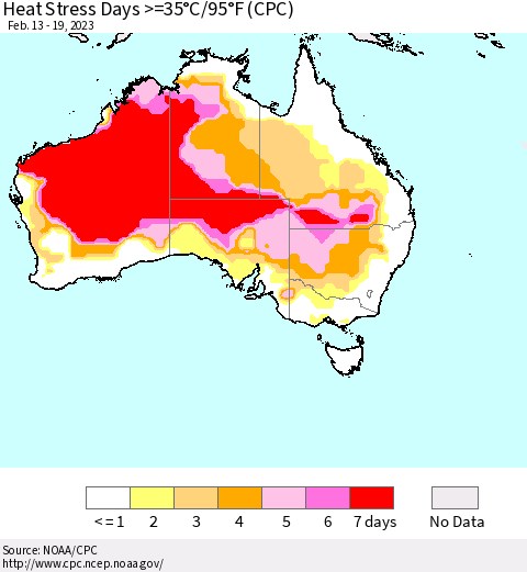 Australia Heat Stress Days >=35°C/95°F (CPC) Thematic Map For 2/13/2023 - 2/19/2023