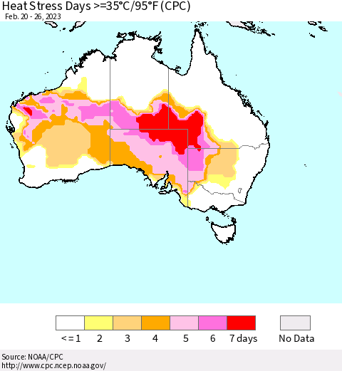 Australia Heat Stress Days >=35°C/95°F (CPC) Thematic Map For 2/20/2023 - 2/26/2023