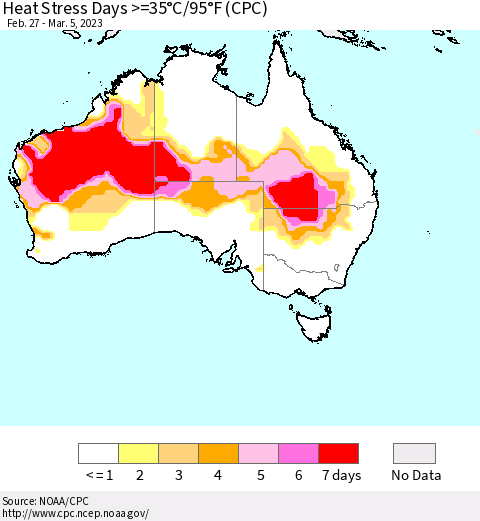 Australia Heat Stress Days >=35°C/95°F (CPC) Thematic Map For 2/27/2023 - 3/5/2023