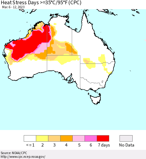 Australia Heat Stress Days >=35°C/95°F (CPC) Thematic Map For 3/6/2023 - 3/12/2023
