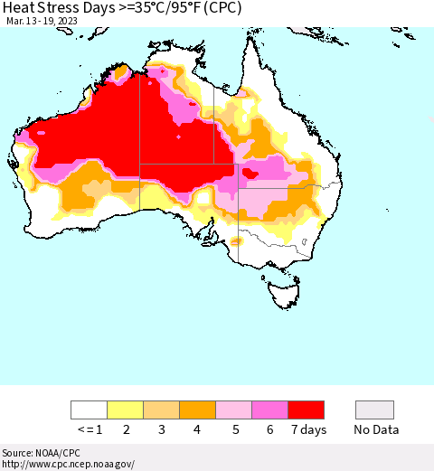 Australia Heat Stress Days >=35°C/95°F (CPC) Thematic Map For 3/13/2023 - 3/19/2023