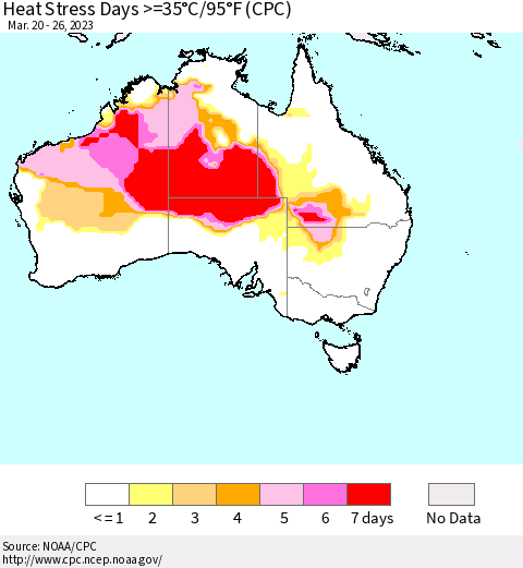 Australia Heat Stress Days >=35°C/95°F (CPC) Thematic Map For 3/20/2023 - 3/26/2023