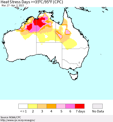 Australia Heat Stress Days >=35°C/95°F (CPC) Thematic Map For 3/27/2023 - 4/2/2023