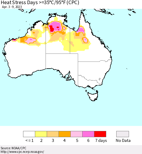 Australia Heat Stress Days >=35°C/95°F (CPC) Thematic Map For 4/3/2023 - 4/9/2023