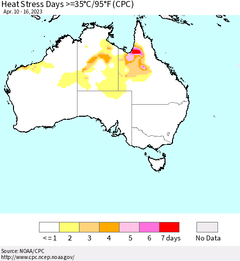 Australia Heat Stress Days >=35°C/95°F (CPC) Thematic Map For 4/10/2023 - 4/16/2023