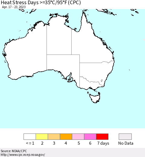 Australia Heat Stress Days >=35°C/95°F (CPC) Thematic Map For 4/17/2023 - 4/23/2023