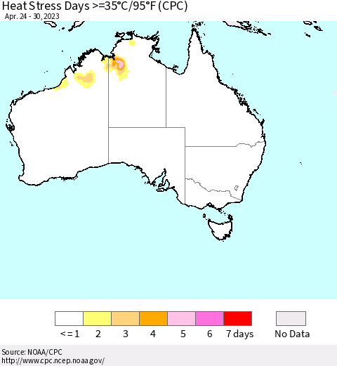 Australia Heat Stress Days >=35°C/95°F (CPC) Thematic Map For 4/24/2023 - 4/30/2023
