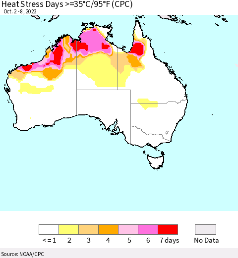 Australia Heat Stress Days >=35°C/95°F (CPC) Thematic Map For 10/2/2023 - 10/8/2023