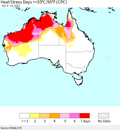 Australia Heat Stress Days >=35°C/95°F (CPC) Thematic Map For 10/9/2023 - 10/15/2023