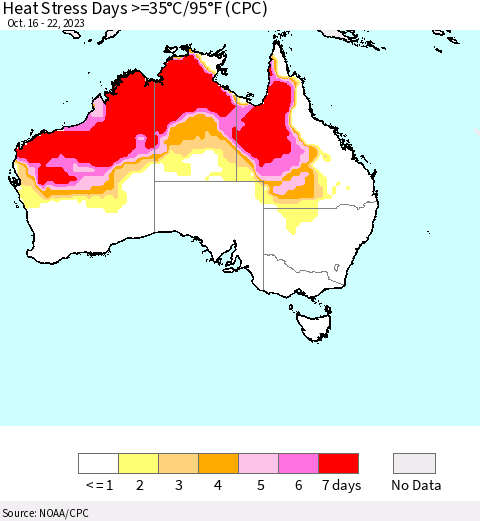 Australia Heat Stress Days >=35°C/95°F (CPC) Thematic Map For 10/16/2023 - 10/22/2023
