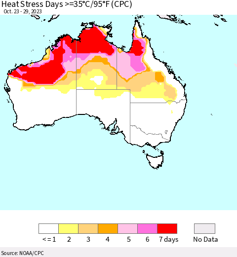 Australia Heat Stress Days >=35°C/95°F (CPC) Thematic Map For 10/23/2023 - 10/29/2023