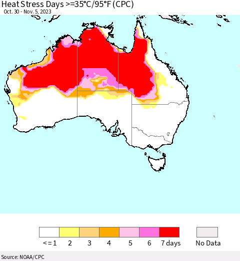Australia Heat Stress Days >=35°C/95°F (CPC) Thematic Map For 10/30/2023 - 11/5/2023
