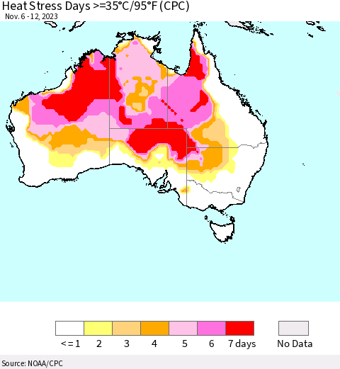 Australia Heat Stress Days >=35°C/95°F (CPC) Thematic Map For 11/6/2023 - 11/12/2023