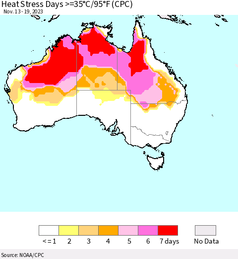 Australia Heat Stress Days >=35°C/95°F (CPC) Thematic Map For 11/13/2023 - 11/19/2023