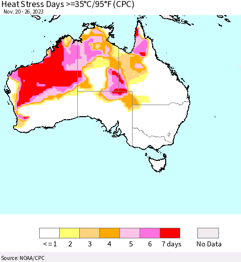 Australia Heat Stress Days >=35°C/95°F (CPC) Thematic Map For 11/20/2023 - 11/26/2023