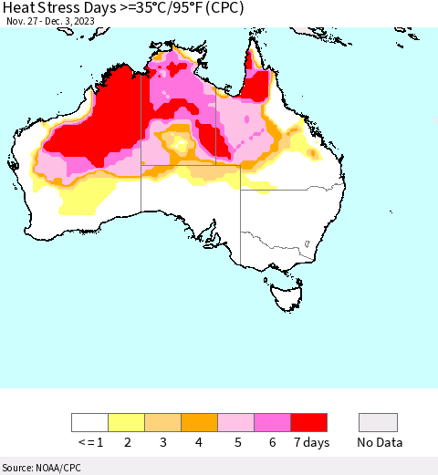 Australia Heat Stress Days >=35°C/95°F (CPC) Thematic Map For 11/27/2023 - 12/3/2023