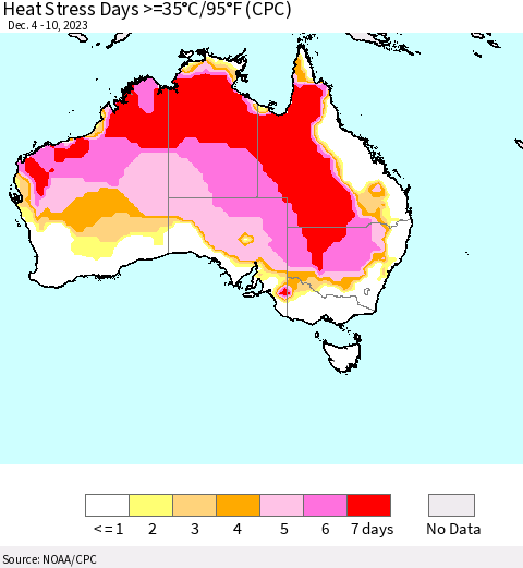 Australia Heat Stress Days >=35°C/95°F (CPC) Thematic Map For 12/4/2023 - 12/10/2023
