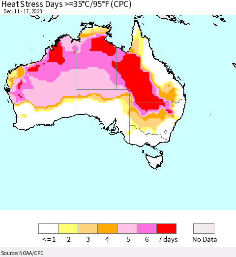 Australia Heat Stress Days >=35°C/95°F (CPC) Thematic Map For 12/11/2023 - 12/17/2023