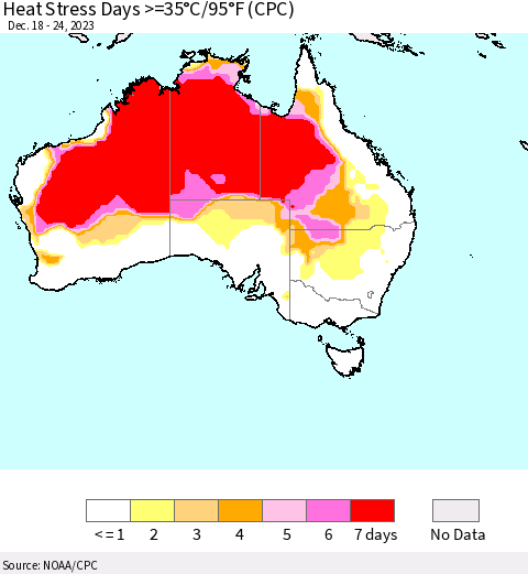 Australia Heat Stress Days >=35°C/95°F (CPC) Thematic Map For 12/18/2023 - 12/24/2023