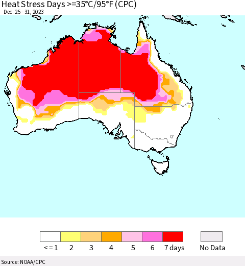 Australia Heat Stress Days >=35°C/95°F (CPC) Thematic Map For 12/25/2023 - 12/31/2023