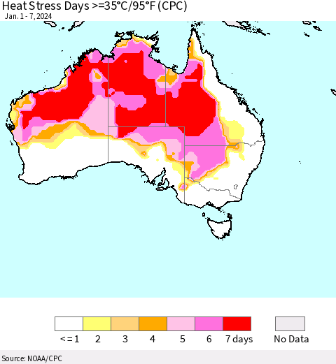 Australia Heat Stress Days >=35°C/95°F (CPC) Thematic Map For 1/1/2024 - 1/7/2024