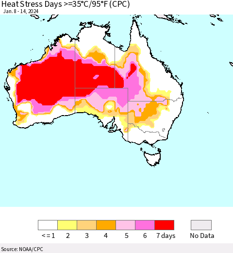 Australia Heat Stress Days >=35°C/95°F (CPC) Thematic Map For 1/8/2024 - 1/14/2024