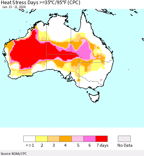 Australia Heat Stress Days >=35°C/95°F (CPC) Thematic Map For 1/15/2024 - 1/21/2024