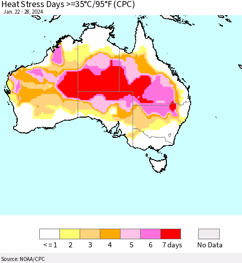 Australia Heat Stress Days >=35°C/95°F (CPC) Thematic Map For 1/22/2024 - 1/28/2024