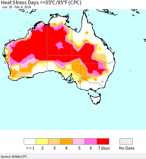 Australia Heat Stress Days >=35°C/95°F (CPC) Thematic Map For 1/29/2024 - 2/4/2024