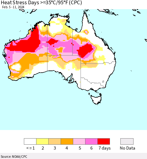 Australia Heat Stress Days >=35°C/95°F (CPC) Thematic Map For 2/5/2024 - 2/11/2024