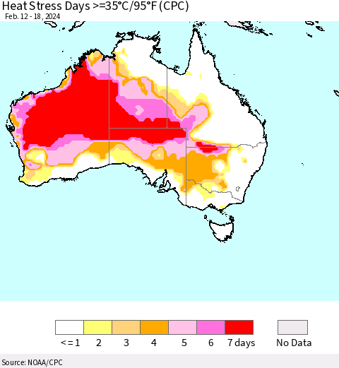 Australia Heat Stress Days >=35°C/95°F (CPC) Thematic Map For 2/12/2024 - 2/18/2024