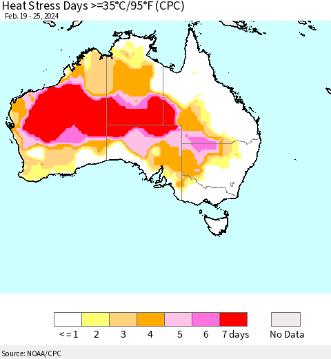 Australia Heat Stress Days >=35°C/95°F (CPC) Thematic Map For 2/19/2024 - 2/25/2024