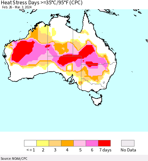 Australia Heat Stress Days >=35°C/95°F (CPC) Thematic Map For 2/26/2024 - 3/3/2024
