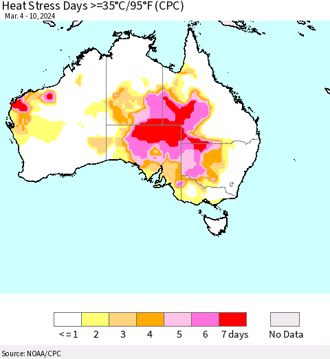 Australia Heat Stress Days >=35°C/95°F (CPC) Thematic Map For 3/4/2024 - 3/10/2024
