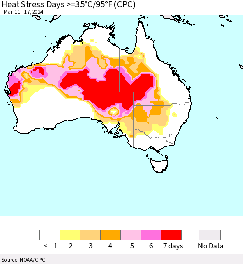 Australia Heat Stress Days >=35°C/95°F (CPC) Thematic Map For 3/11/2024 - 3/17/2024