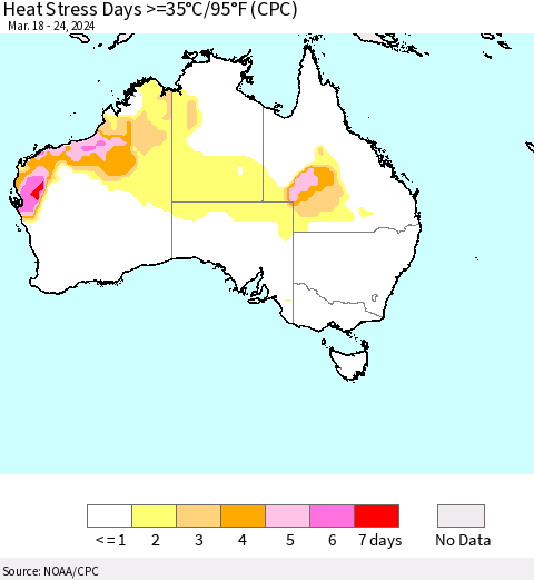 Australia Heat Stress Days >=35°C/95°F (CPC) Thematic Map For 3/18/2024 - 3/24/2024