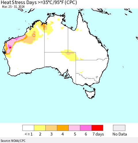 Australia Heat Stress Days >=35°C/95°F (CPC) Thematic Map For 3/25/2024 - 3/31/2024
