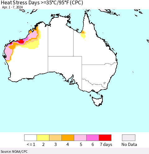 Australia Heat Stress Days >=35°C/95°F (CPC) Thematic Map For 4/1/2024 - 4/7/2024