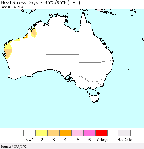 Australia Heat Stress Days >=35°C/95°F (CPC) Thematic Map For 4/8/2024 - 4/14/2024