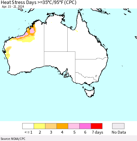 Australia Heat Stress Days >=35°C/95°F (CPC) Thematic Map For 4/15/2024 - 4/21/2024