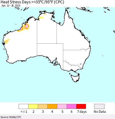 Australia Heat Stress Days >=35°C/95°F (CPC) Thematic Map For 4/22/2024 - 4/28/2024