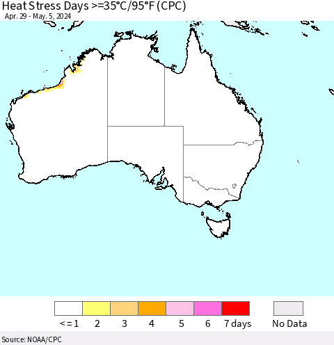 Australia Heat Stress Days >=35°C/95°F (CPC) Thematic Map For 4/29/2024 - 5/5/2024