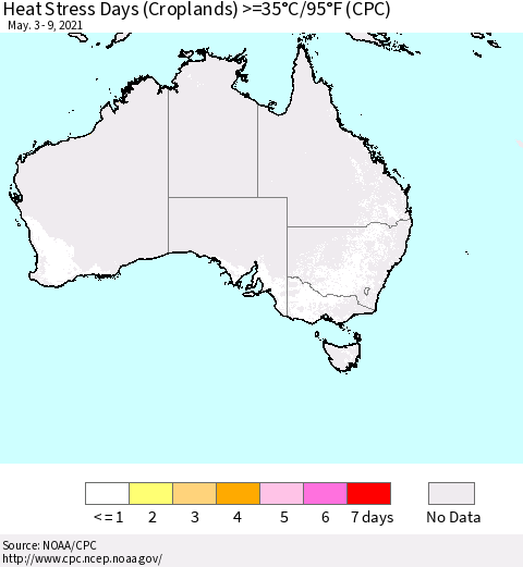 Australia Heat Stress Days (Croplands) >=35°C/95°F (CPC) Thematic Map For 5/3/2021 - 5/9/2021