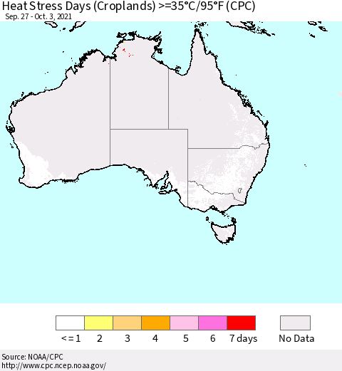 Australia Heat Stress Days (Croplands) >=35°C/95°F (CPC) Thematic Map For 9/27/2021 - 10/3/2021