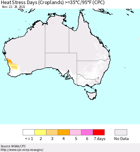 Australia Heat Stress Days (Croplands) >=35°C/95°F (CPC) Thematic Map For 11/22/2021 - 11/28/2021