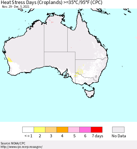 Australia Heat Stress Days (Croplands) >=35°C/95°F (CPC) Thematic Map For 11/29/2021 - 12/5/2021