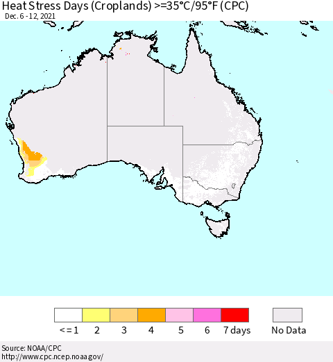 Australia Heat Stress Days (Croplands) >=35°C/95°F (CPC) Thematic Map For 12/6/2021 - 12/12/2021